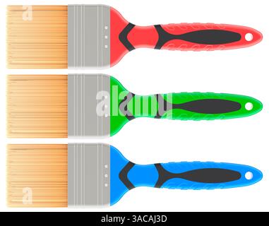 Farbige Pinsel mit Kunststoffgriffen, Reihe. 3D-Rendering isoliert auf weißem Hintergrund Stockfoto