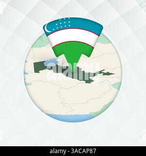 Usbekistan Karte mit Flaggenmarkierung markiert. Flaggenzeiger auf geografischer Karte. Stock Vektor