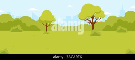 Grüne Parklandschaft mit Bäumen und einer Skyline der Stadt im Hintergrund an einem sonnigen Tag Stock Vektor