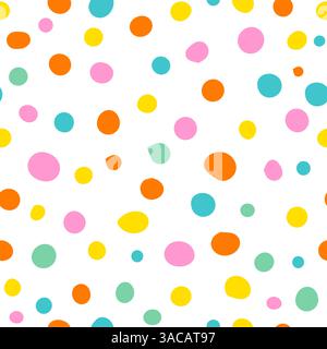 Nahtloses abstraktes Muster, Hintergrund von mehrfarbigen fallenden Konfetti, Polka Dots auf hellem Hintergrund, flacher Stil. Handzeichnung. Nicht AI, Vektor Stock Vektor