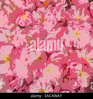 Rosa Blumen Kirschsakura Hintergrund. Abbildung einer Blumenwand. Weichzeichnerfokus. Die Feiertagspostkarte. Rosa Blütenblätter und gelbe Stäbchen. Prunus serrula Stockfoto