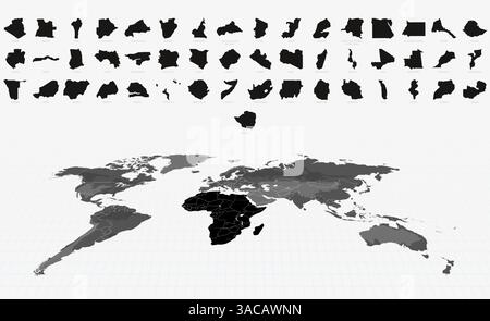 Schwarze Karten afrikanischer Nationen auf einer hervorgehobenen globalen Karte. Big Maps Kollektion. Stock Vektor