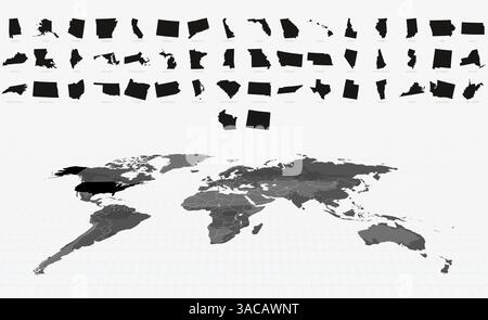 Schwarze Karten von US-Staaten auf einer hervorgehobenen globalen Karte. Big Maps Kollektion. Stock Vektor