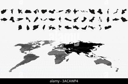Schwarze Karten asiatischer Nationen auf einer hervorgehobenen globalen Karte. Big Maps Kollektion. Stock Vektor
