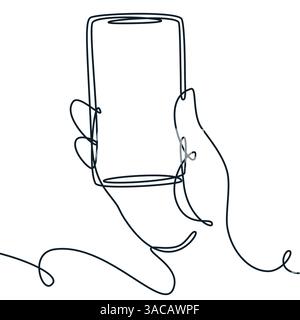 Monoline Hand hält Mobiltelefon. Vektor-durchgehende Linie Illustration einer Person mit Telefon. Kommunikation, digitale Technologie, Business Multimedia Co Stock Vektor