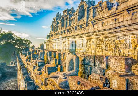 Java, Indonesien. Nahaufnahme einiger der ursprünglichen 504 Statuen Buddhas auf einem Vorsprung des Borobudur-Tempels. Stockfoto