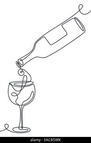 Vektor Hand gezeichnete durchgehende Linie Illustration des Weins, der von der Flasche in das Glas gießt. Abstraktes Monoline-Logo-Emblem. Konzept für Weinkarte und Menü Stock Vektor