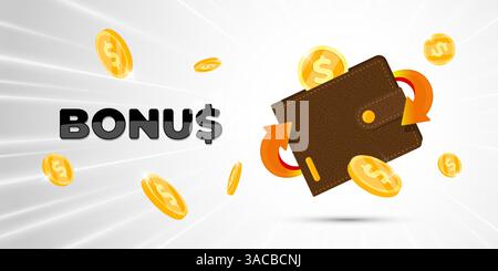 3D-Geldbörse mit goldenen Münzen und Pfeilen. Vektor-Illustration von Geld-Return-Bonus, digitaler Zahlung, Promo-Rabatt oder Shopping-Belohnung. Perfekt für Finanz-, Bank- und Marketingdesign. Stock Vektor