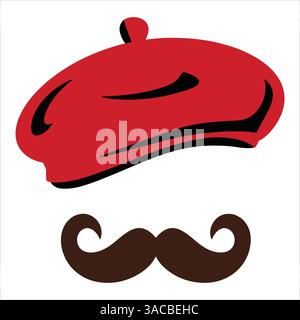 Französische Künstlerfigur mit Schnurrbart und Baskenmütze. Minimalistische Vektorillustration, perfekt für künstlerische und kreative Designthemen. Isoliert auf einem weißen bac Stock Vektor