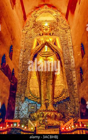 Ananda Tempel, Bagan, Myanmar. Vertikales Weitwinkel-Porträt der großen goldenen Ananda Buddha Statue in dem Schrein, der im 12. Jahrhundert erbaut wurde. Stockfoto