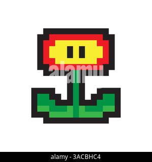Pixelblumensymbol. Retro-Blütenform. Grüner Vektorstamm. Hellrotes Blütenblatt. Stock Vektor