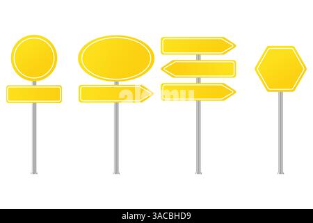 Hellgelbes Schild. Vektor leeres Board. Kollektion mit direktionaler Form. Metallpfosten-Symbol. Stock Vektor