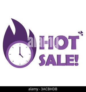HEISSER VERKAUF. Flammende Uhrform. Violettes Zeitsymbol. Vektorrabatt-Label. Stock Vektor