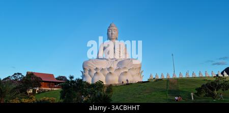 Während das letzte Licht des Tages der Dämmerung weicht, sitzt eine ruhige und majestätische weiße Buddha-Statue friedlich auf einem grünen Hügel. Stockfoto
