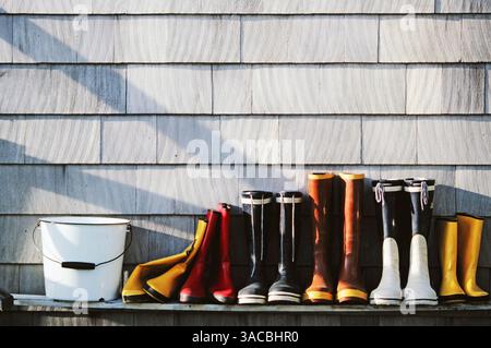 Bunte Gummistiefel sind ordentlich auf einem Regal gegen eine strukturierte Holzwand angeordnet. Ein weißer Eimer sitzt zwischen den Stiefeln, was auf Küste A hindeutet Stockfoto