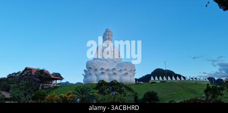Während das letzte Licht des Tages der Dämmerung weicht, sitzt eine ruhige und majestätische weiße Buddha-Statue friedlich auf einem grünen Hügel. Stockfoto