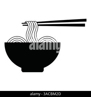 Schüssel mit Nudeln mit Essstäbchen, Restaurantsymbol. Einfache und elegante Vektorillustration, isoliert auf weißem Hintergrund. Stock Vektor