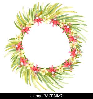 Fliegender goldener Fasan, Palmblätter und Wasserfarbenkranz mit weißen tropischen Blumen. Handgezeichneter Regenwald Natur isoliertes Clipart, Skizzenstil. Exotisch Stockfoto