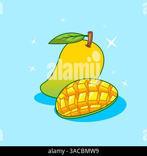 Satz köstlicher gelber Mangobrucht mit einer Scheibe und einem Blatt auf blauem Hintergrund Vektor-Illustration Cartoon Design Stock Vektor