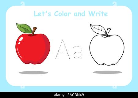 Karteikarten „Farben lassen“ und „Apple Fruit Worksheet schreiben“ für Kinder Stock Vektor