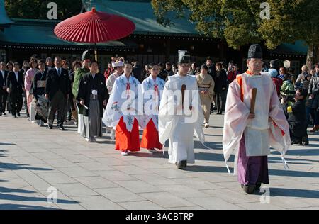 Formelle Hochzeitsprozession mit Braut, Bräutigam und Familie, eingeläutet von Mitgliedern des Shinto-Schreins mit miko und rotem Regenschirm im Meiji Jingu in Tokio, Japan. Stockfoto