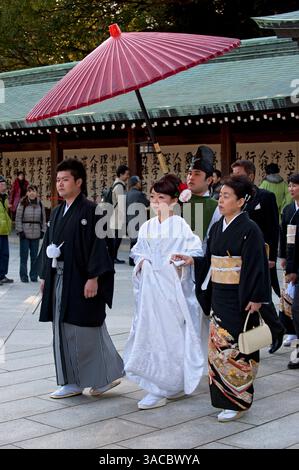 Formelle Hochzeitsprozession mit Braut, Bräutigam und Familie, eingeläutet von Mitgliedern des Shinto-Schreins mit miko und rotem Regenschirm im Meiji Jingu in Tokio, Japan. Stockfoto
