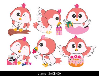 Birds Birds Birthday Character Clipart Zeichensatz. Niedliche Vogelsymbol-Clip-Art-Kollektion mit Geburtstagsfeier-Einladungskarte, Donut, Papiertüte und Kirsche in Happy Stock Vektor