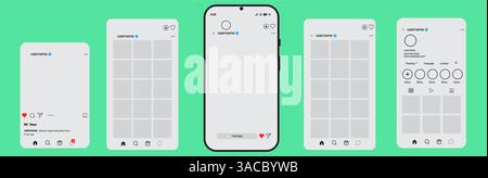 Minimalistische Instagram UI Mockup Set | Social Media App Wireframe Template. Mockup Design von Social Media App Interfaces auf grünem Hintergrund. Stock Vektor