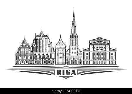 Vektor-Illustration von Riga, monochrome horizontale Karte mit linearem Design berühmte rigaer Stadtlandschaft, historische städtische Linie Kunst Konzept mit dekorativen L Stock Vektor