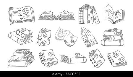 Bücher umreißen Clipart Set. Schulbuch mit offener und geschlossener Clip-Art-Sammlung in Schwarz-weiß-Strichkunst für den Vorschulunterricht Stock Vektor