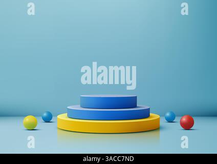 Leuchtendes 3D-Blau und gelbes Podium mit verstreuten bunten Kugeln auf hellblauer Oberfläche, Produktmockups, Showroom-Displays, modernes Dekor. Verspielt y Stock Vektor