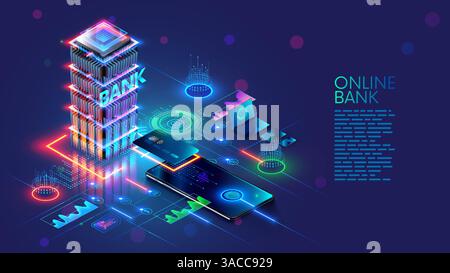 Konzeptionelle Darstellung der mobilen Bank. Internet Online-Banking per Telefon. Zugriff auf Geld per Bankkarte über App auf dem Smartphone. Digitale Finanzdienstleistungen Stock Vektor