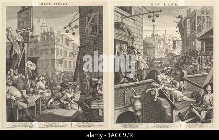 Beer Street und Gin Lane sind zwei Drucke, die 1751 vom englischen Künstler William Hogarth zur Unterstützung des Gin Act herausgegeben wurden. Sie sind dafür konzipiert, nebeneinander gesehen zu werden, und stellen das Übel des Verbrauchs von Gin (damals ein Oberbegriff für destillierte Spirituosen auf Getreidebasis) als Kontrast zu den Vorteilen des Bierkonsums dar Stockfoto
