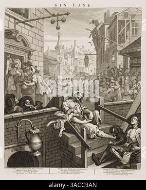 Beer Street und Gin Lane sind zwei Drucke, die 1751 vom englischen Künstler William Hogarth zur Unterstützung des Gin Act herausgegeben wurden. Sie sind dafür konzipiert, nebeneinander gesehen zu werden, und stellen das Übel des Verbrauchs von Gin (damals ein Oberbegriff für destillierte Spirituosen auf Getreidebasis) als Kontrast zu den Vorteilen des Bierkonsums dar Stockfoto