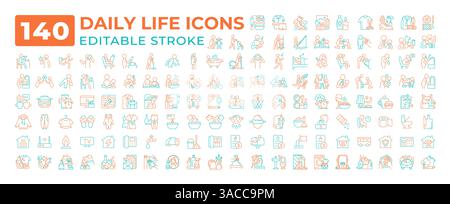 Daily Life zwei farbige Linien-Symbole setzen die Sammlung Stock Vektor