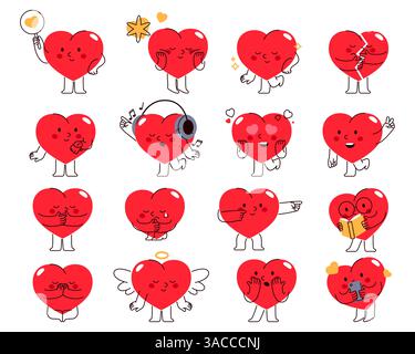 Emotionale anthropomorphe Herzen gesetzt. Vektor-isolierte Symbole oder Aufkleber. Doodle Clip Arts von einfachen roten Herzen zum Valentinstag. Stock Vektor