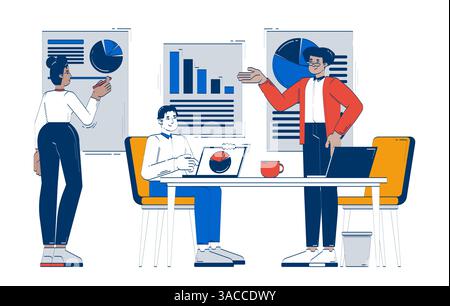 Verschiedene Teams analysieren Geschäftsdiagramme in Office-Kritzeleien-Illustrationen Stock Vektor