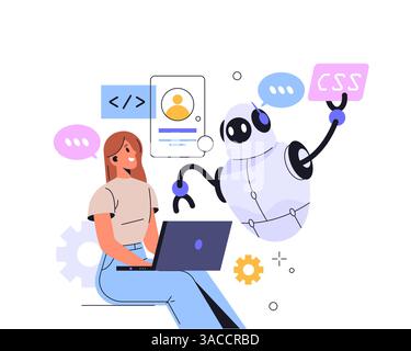 Illustration der KI-Codierungshilfe. Vektor-Roboter mit künstlicher Intelligenz, der Programmierung oder Softwaretechnologie lehrt. Webentwickler für CSS- und HTML-Technologie Stock Vektor
