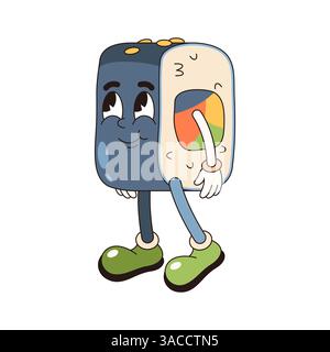 Vector Futomaki Sushi Pop Art. Walking-Charakter von Futo Maki Roll. Comic-Fischfutter mit Augen und Gesicht, Comic-Stil der 90er Jahre. Schild mit Restaurant- oder Essensbar Stock Vektor