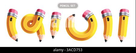 Bleistift Gelb Elemente Clipart Set. Schule 3D Stift zum Zeichnen und Schreiben von Artikeln Clip Art Sammlung in Kurven- und Spiralform lehrreiches Holz Stock Vektor