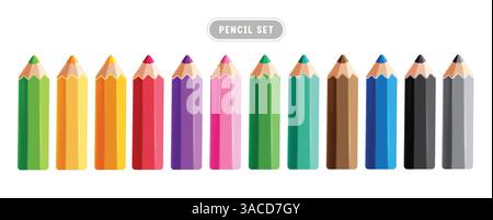 Farbenfrohe Bleistiftelemente Clipart-Set. Mehrfarbige Stift-Icon-Clip-Art-Kollektion für lehrreiche Zeichenwerkzeuge und realistische Kunstmaterialien Stock Vektor