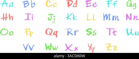 Buntes englisches Alphabet, handgezeichnet in einem Buntstift. Großbuchstaben und Kleinbuchstaben in Kreide, Pastellfarben oder Wachs. Textmarker-Effekt an Bord für Stock Vektor