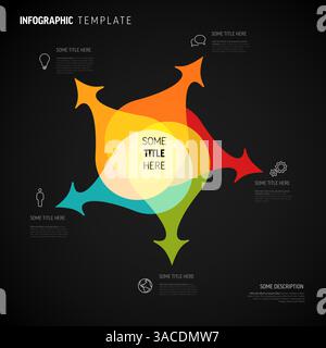 Dunkle Infografik-Vorlage mit leuchtenden, sich überschneidenden Pfeilen in Rot, Orange, Grün und Blau. Für die Präsentation von Konzepten, Prozessen oder Daten in einem Stock Vektor