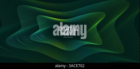 Abstrakte, fließende Wellen aus leuchtend gekrümmten grünen Linien auf dunklem Hintergrund, die Daten, Musik oder digitale Bewegungen symbolisieren. Schallwellen visuell, technisch Stock Vektor