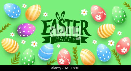 Osterferien, Hase mit einem Korb mit Ostereiern, Osterhase und Eiern. Vektor Stock Vektor