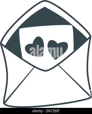 Letter in einer Illustration im Skizzierstil mit Kuvert-Kritzelung. Handgezeichneter offener Umschlag mit einem Blatt Papier mit Herzen. Liebesbotschaft, Liebeserklärung Stock Vektor