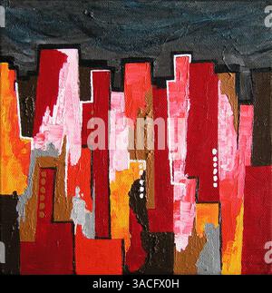Illustration aus original handgezeichnetem Kunstwerk - abstrakte Skyline der Stadt mit Gebäuden in Rot Orange und Dunkeltönen Stockfoto