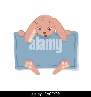 Niedliches Kaninchen mit Banner und leerem Platz für Titel. Handgezeichnet. Blau und rosa auf transparentem Hintergrund Stockfoto