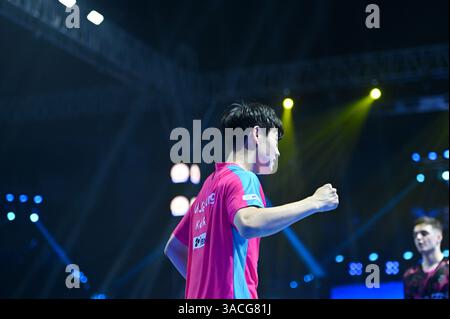 Chennai, Indien. 30. März 2025. Der 18-jährige Oh Jun-sung triumphierte in einem packenden Siebenspiel für Männer im Singles gegen den französischen Konkurrenten Thibault Poret Stockfoto