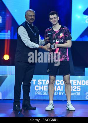 Chennai, Indien. 30. März 2025. Der 18-jährige Oh Jun-sung triumphierte in einem packenden Siebenspiel für Männer im Singles gegen den französischen Konkurrenten Thibault Poret Stockfoto